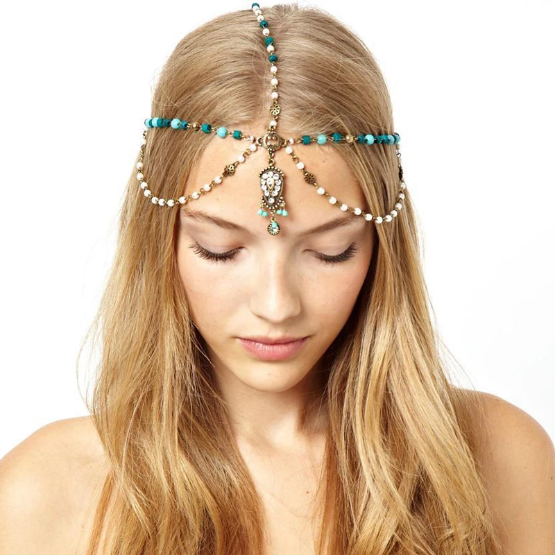 Vintage Hair Jewelry Green Blue Crystal Beaded Women Headpiece Forehead Tassels Head Chain For Wedding Party