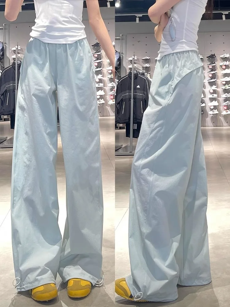 Blue Quick Dry Work Trousers Women's Summer Thin Loose Straight Casual Small Size Wide Leg Sports Pants High Waist Long Pants