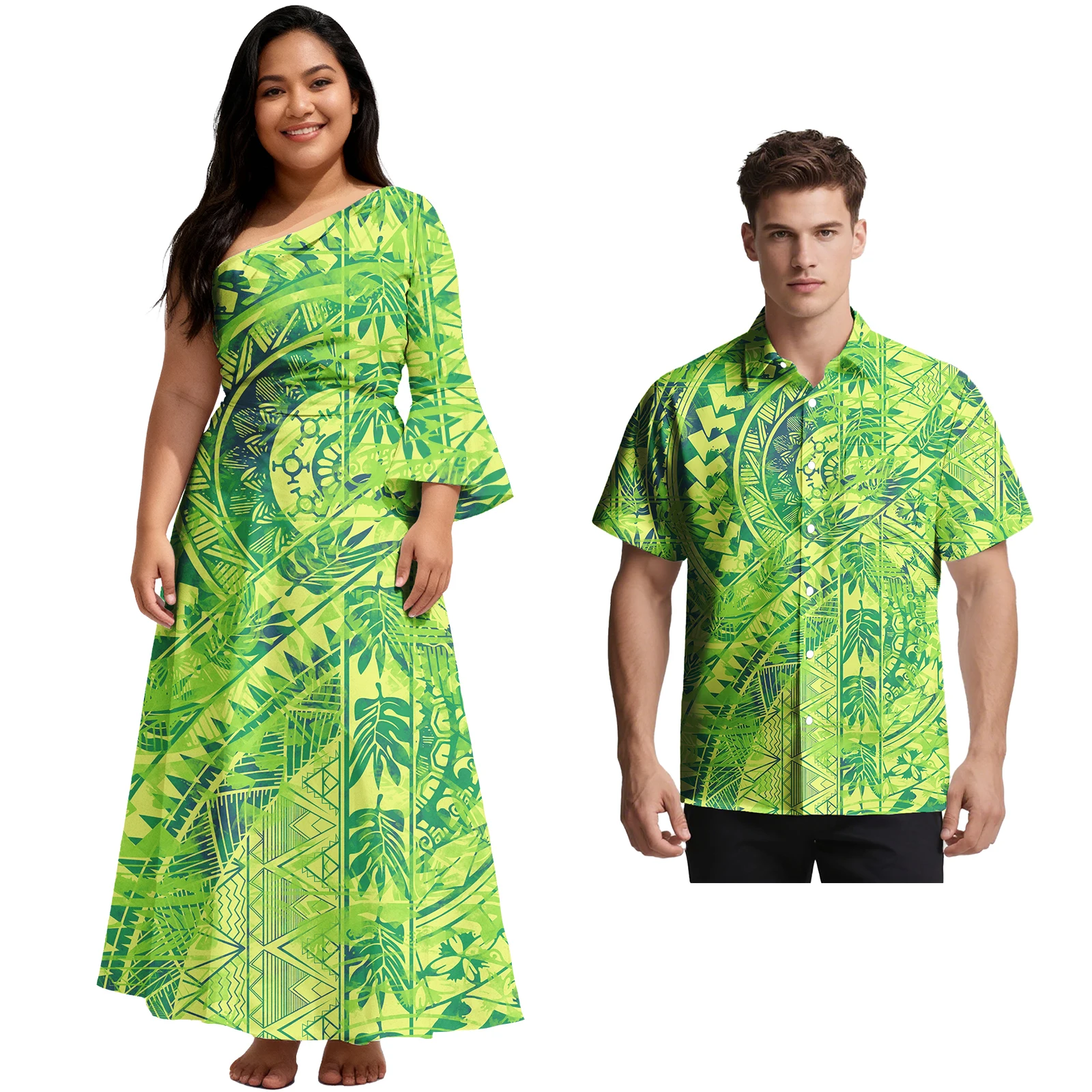 

Одежда для влюбленных в Гавайском стиле на заказ, полинезийская мужская рубашка королевского синего цвета, элегантное женское платье Samoa с открытыми плечами, островный костюм для пары