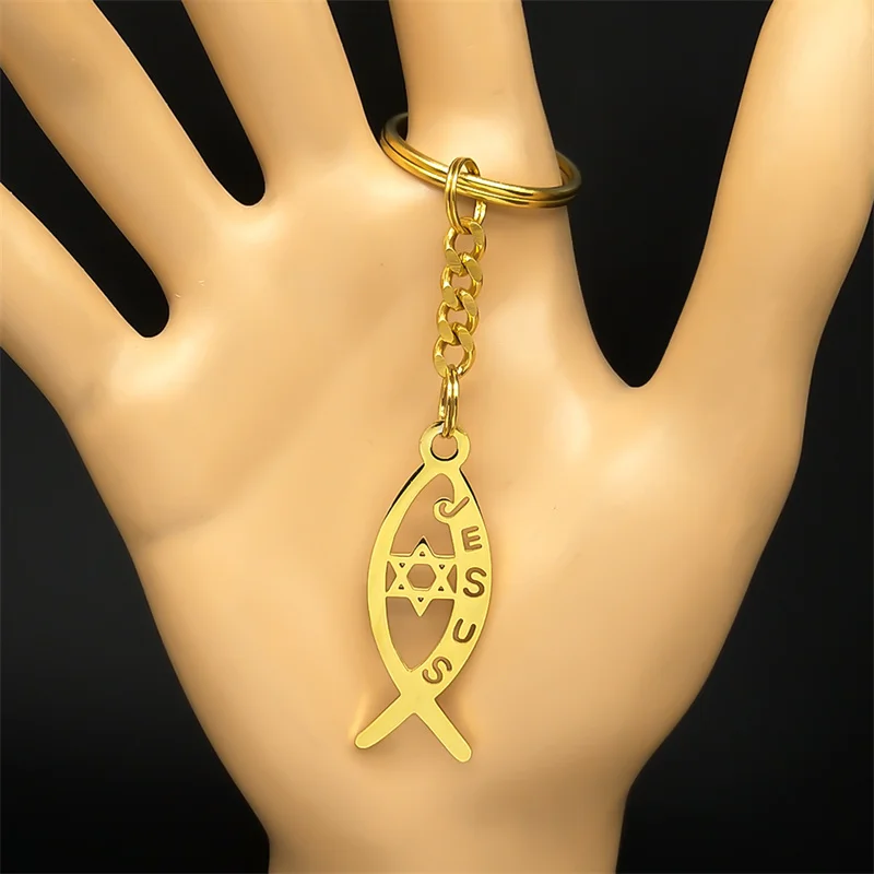 Ichthys Jesus Fish Hollow Key Chain for Women Men Stainless Steel Gold Color Hexagram Star of David Key Ring Jewelry K3535S02 - Image 2