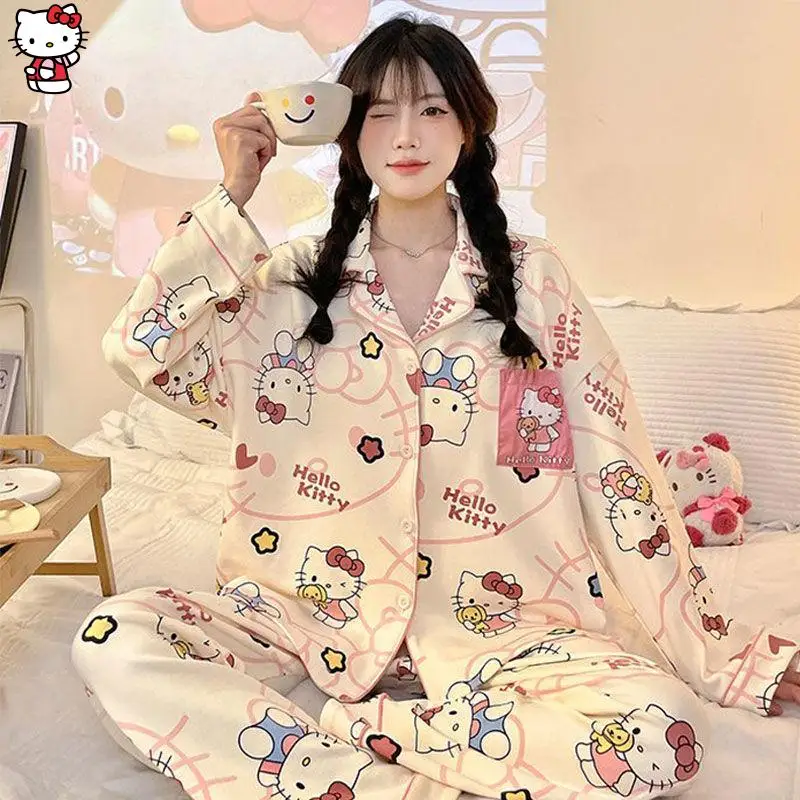 2 قطعة بيجامة سانريو Kawaii مرحبا كيتي الصيف طويلة الأكمام بنطلون فضفاض مريح عادية الكرتون الراقية الهدايا