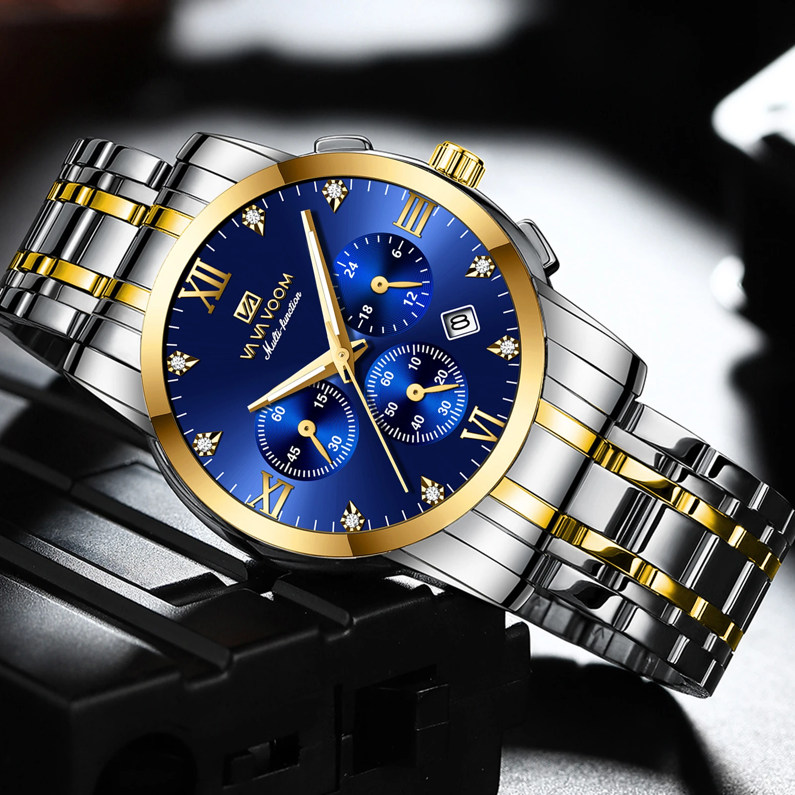 Relógio de pulso quartzo em aço inoxidável masculino, multifuncional, dourado, azul, luxuoso luminoso, diamante de água esportivo, 40mm