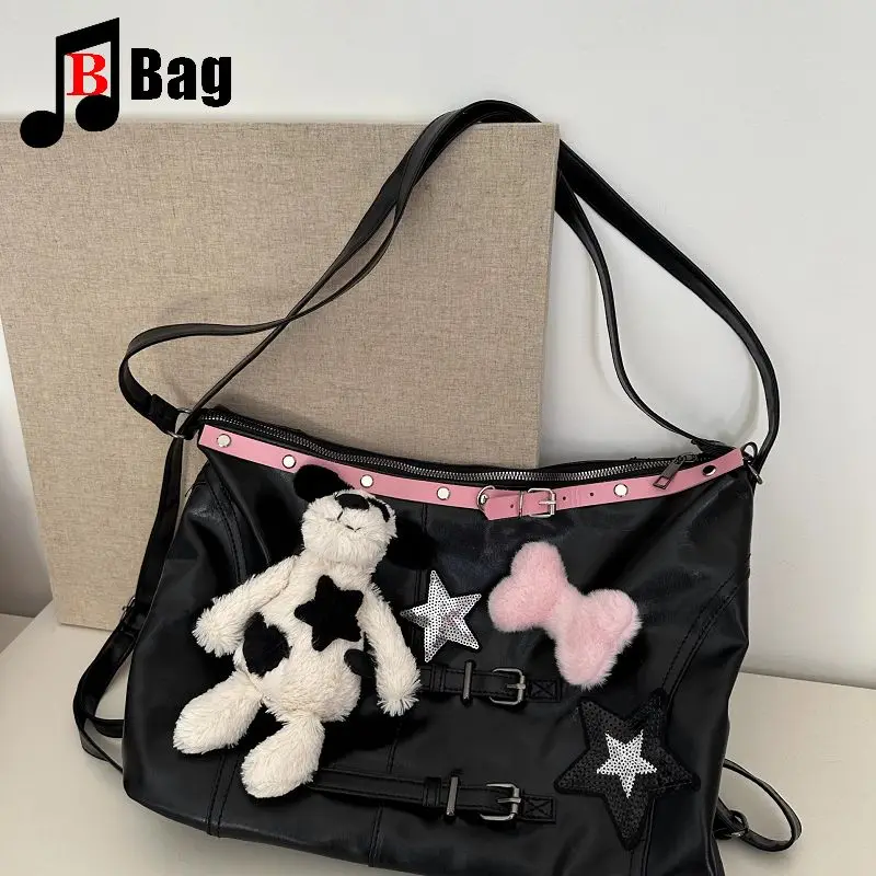 

lovely star puppy Plush pink bone pu leather Backpack Women Gothic Punk Spicy Girl Vintage Bag Large Capacity Commuting Tote