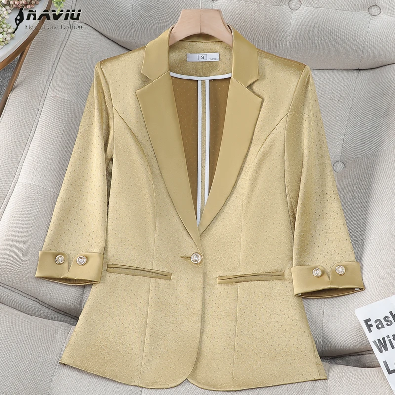 

NAVIU Fashion Yellow Blazer Women Acetate Jacket Half Sleeve Office Ladies Outerwear Work Wear Female Business Clothes Elegant