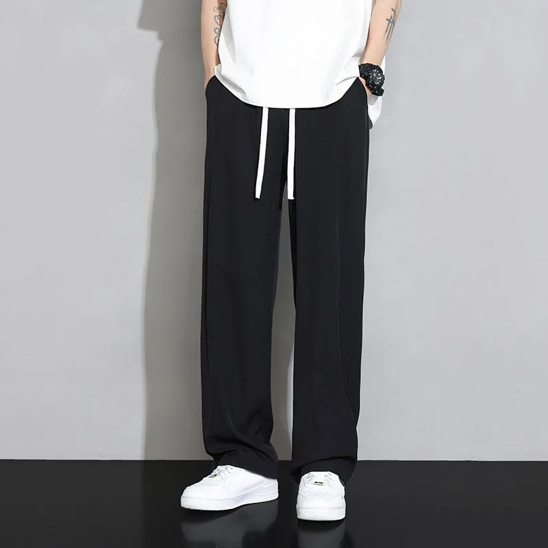 Calça casual de seda de gelo masculina, calça masculina fina e respirável, calça reta de perna larga, corredores elásticos, primavera, verão, 2021