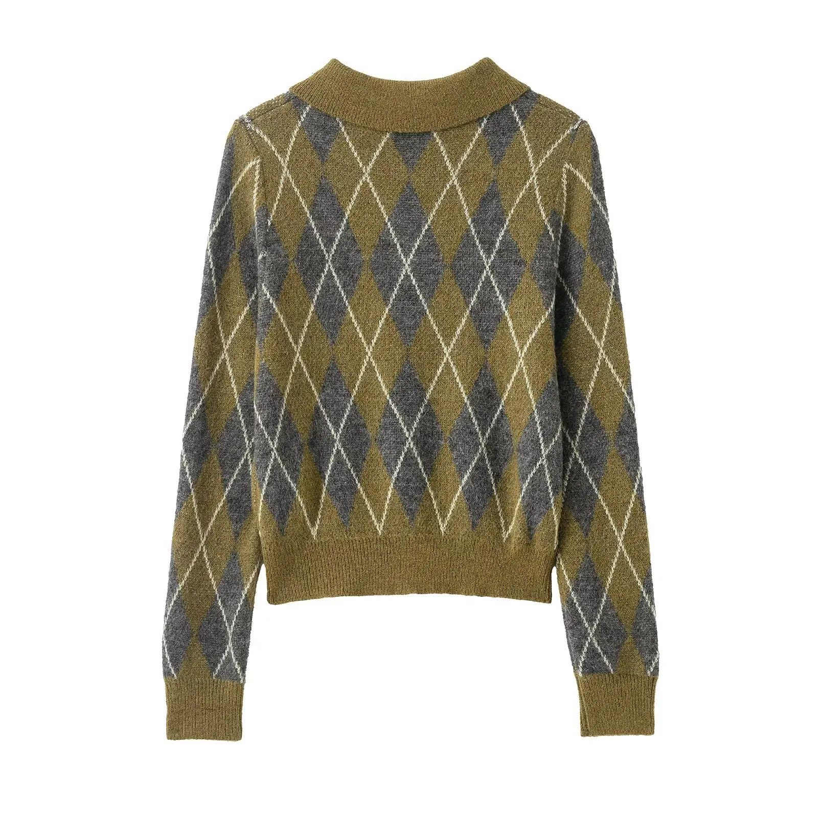 Zevity Women Vintage Diamond Geometric Pattern Crochet Knitting Sweater Female Chic Polo Collar Slim Pullovers Coat Tops SW9479