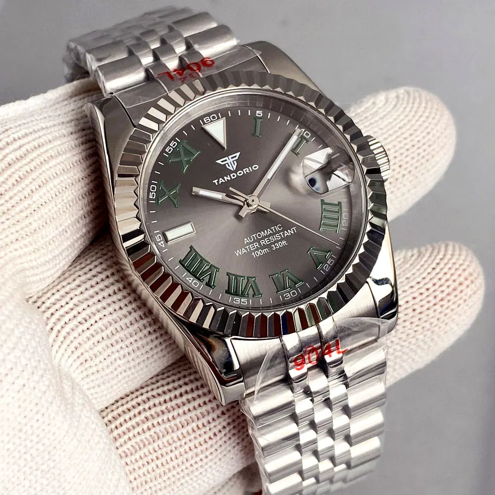 36 مللي متر 39 مللي متر أمة الله رمادي أخضر الرقم الروماني الطلب 200 متر الغوص NH35 التلقائي ساعة رجالية حزام الصلب الياقوت الزجاج الشريحة مشبك