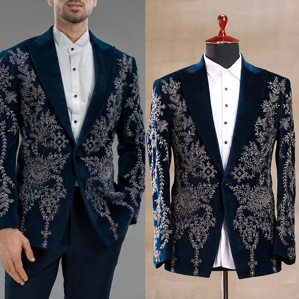 

Formal Tailored Suits for Man 2 Pieces Blazer Pants Appliques Peaked One Button Wedding Wear Outfits Customized