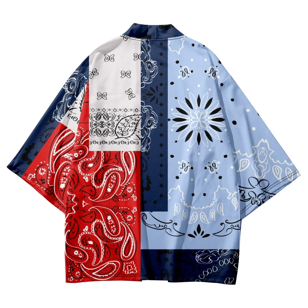 2023 Summer Beach Geometric Blue Print Japanese Samurai Kimono Fashion Men Women Cardigan Haori Obi Asian Clothes Oversized Tops