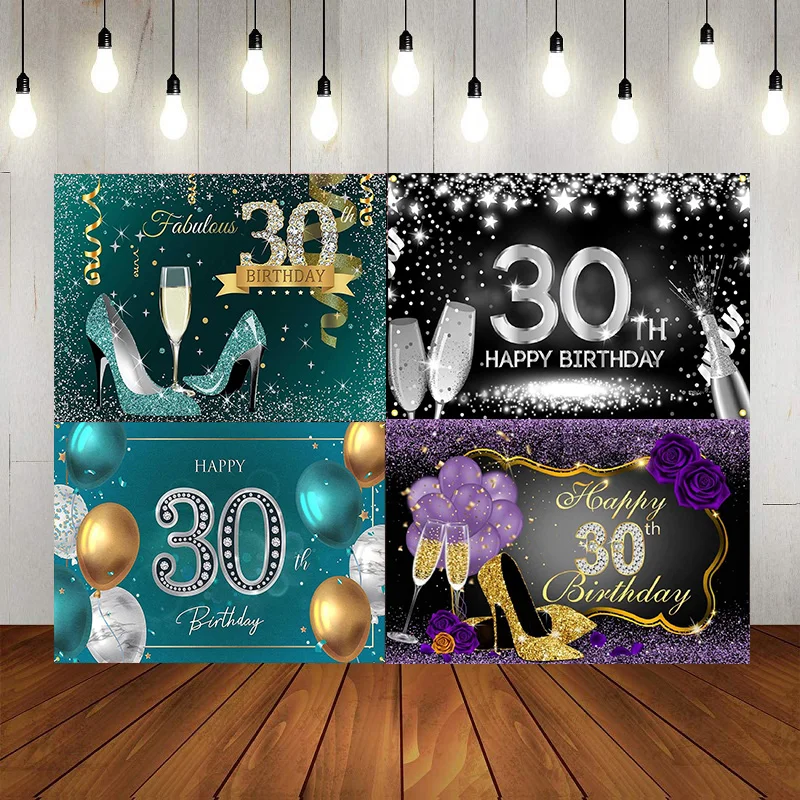 Feliz 30o aniversário partido fotografia fundo, azul marinho, fundo do ouro do brilho, banner brilhante, decoração do cartaz