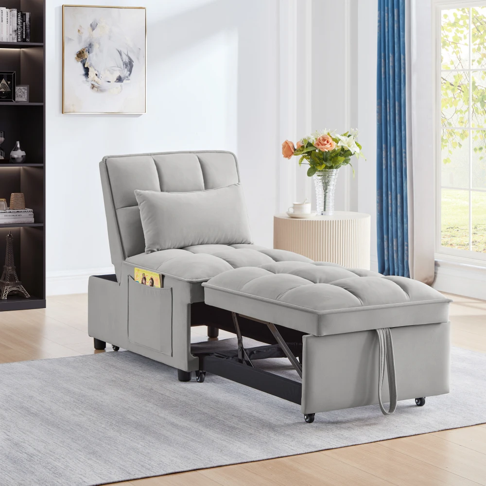 

4 in1 multi-function single sofa bed with storage bag, tufted single-pull sofa bed with adjustable backrest and pillows