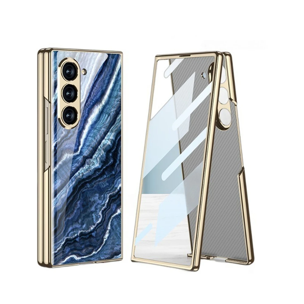 Marble Pattern Folding Protective Case Dust-Proof Back Cover + Screen Protector for Samsung Galaxy Z Fold 6 Accessories