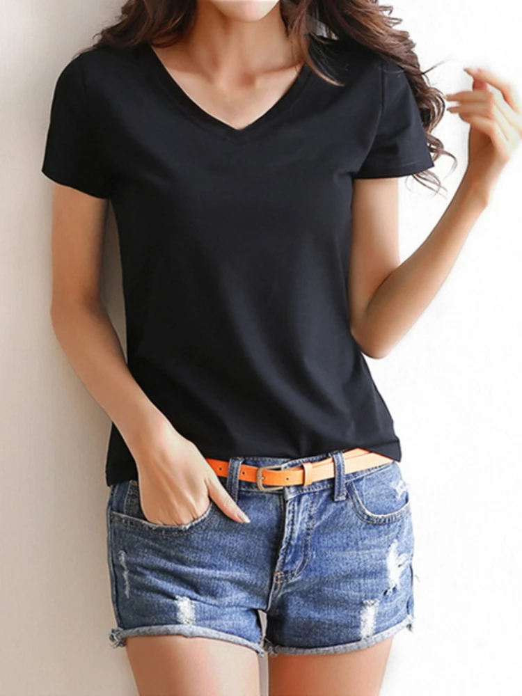 Women Short Sleeves T-shirt Bottoming Shirt Round Neck or V Neck Shirt Black White Solid Color Top Homewear T-shirt