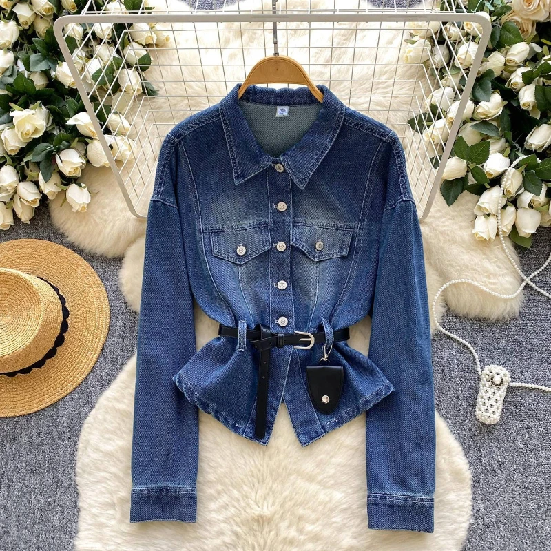 Age reducing design waist cinched metal buckle denim jacket women's spring new fashion long sleeved lapel collar jacket