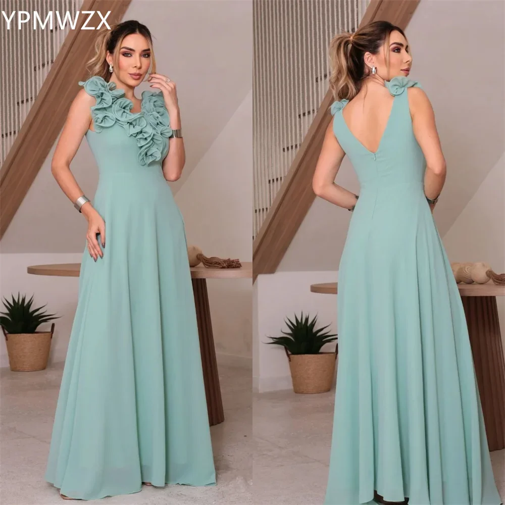 

Customized Evening Dress Women Prom Gown Formal YPMWZX V-neck A-line Floor Length Skirts Draped Applique 3D Flower Sleeveless Be