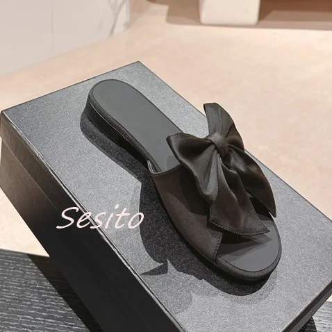 Flat Bow Mules Open Toe Slip On Summer Fashion Women Leather Satin Slippers Rubber Sole Shallow Sexy Lady Dress Daily Sandals