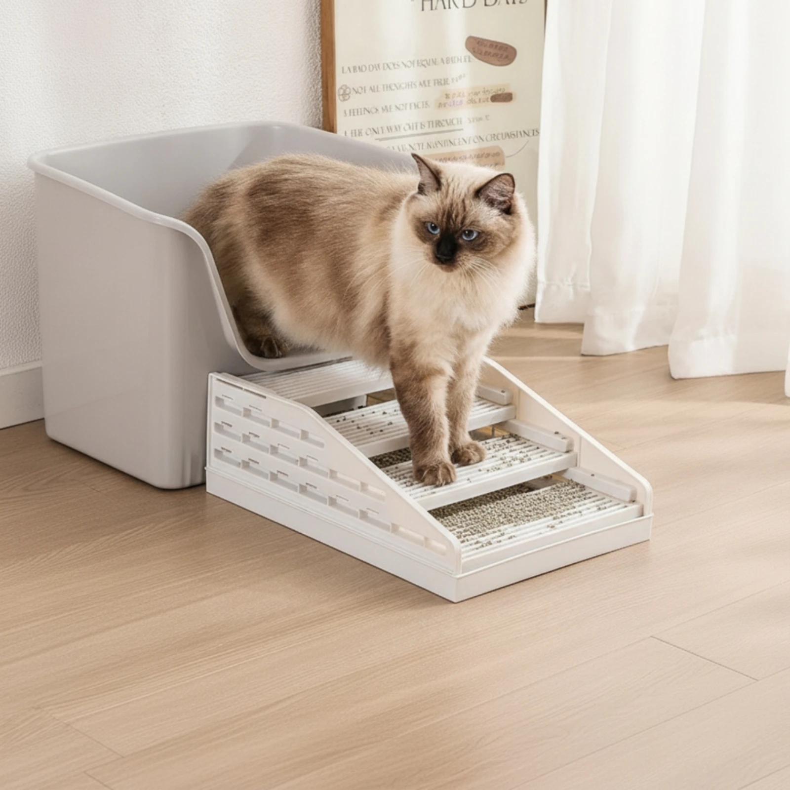 Litter Control Mat with Ramp Double Layer Stepped Litter Ramp Space-Saving Anti-Tracking for Cats, Apartments