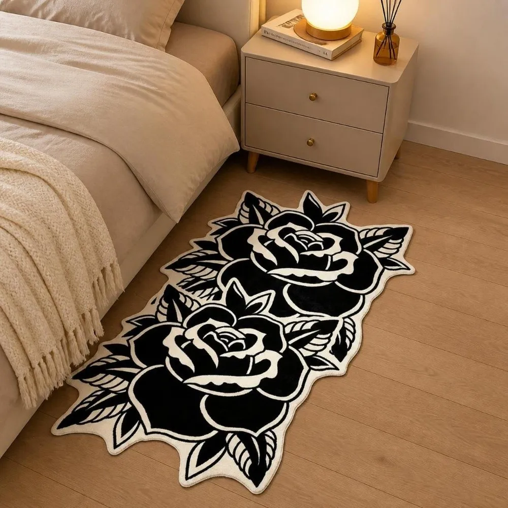 Retro Black White Color Rose-Shaped Area Rug Non-Slip Soft Fluffy Bedroom Floor Mat Comfortable Bedside Rug Home Decor