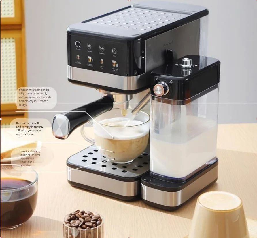Semi-automatic Italian espresso machine with color screen touch control and milk box for one-touch coffee dispensing