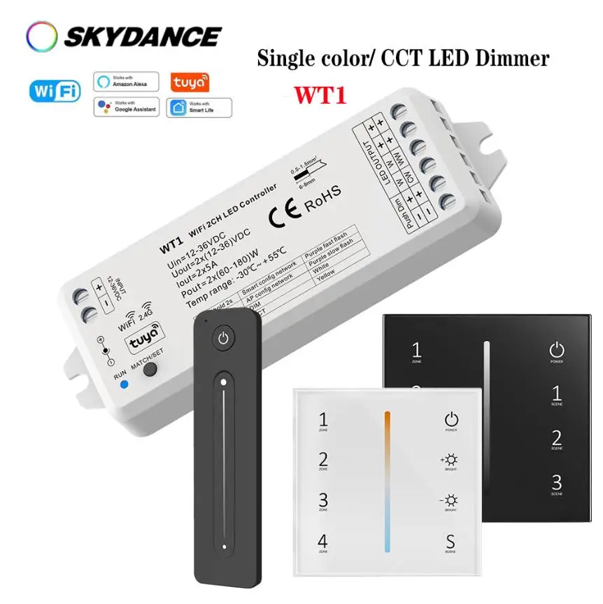 

(Tuya+Wifi) LED Dimmer Controller WT1 DC12-36V 2CH Used for control single color or color temperature LED strip