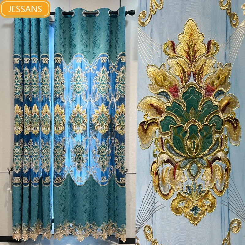 New European Blue Chenille Hollow Out Embroidery Window Screen Curtains for Living Room Bedroom French Window Customized