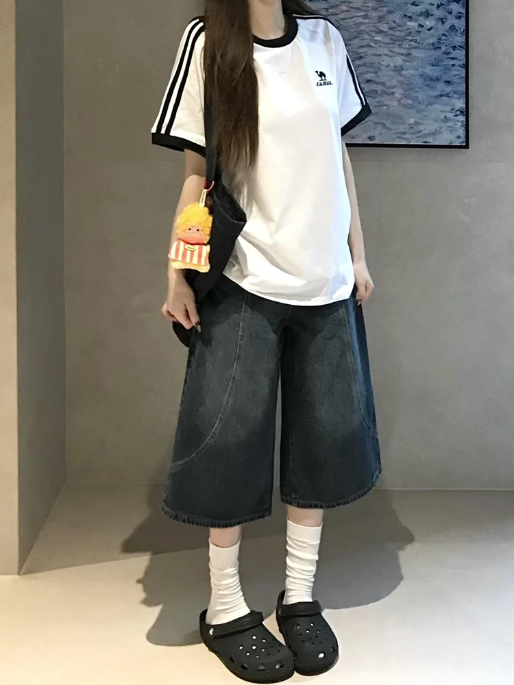 

Sweet Cool Denim Shorts Women's Summer New Washed Loose Straight Leg Wide Leg mid Pants High Waist Pocket Soft Denim Fabric