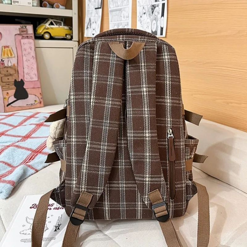 Winter Vintage Faux Woolen Fabric Backpack Korean Fashion Student Schoolbags Mori Girls Plaid Daypack Outdoor Travel Rucksack