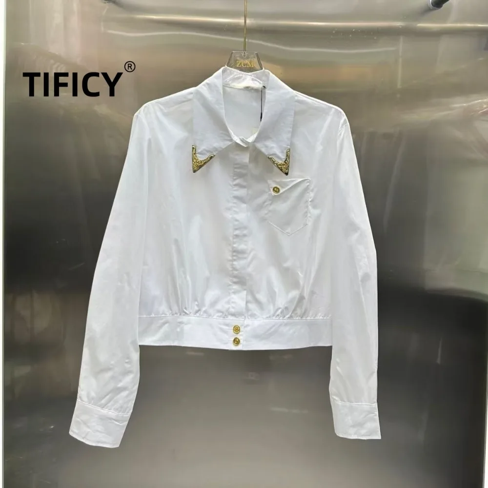 

High Street Shirts Women's Spring New Sweet Simple Metal Decorations Long Sleeve Casual Streetwear Shirts Tops