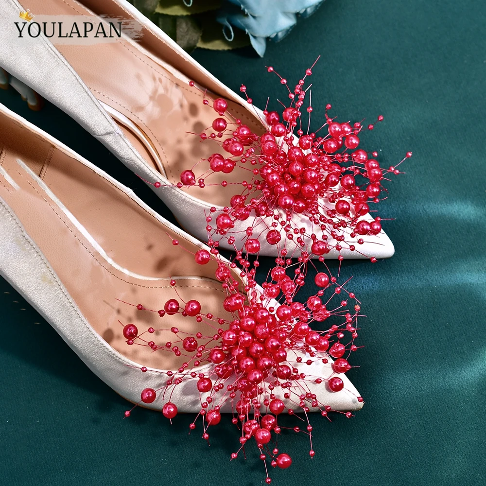 YouLaPan 2pcs Red Color Pearl Flower Shoe Clips Handmade Bridal Shoe Accessories Decorative Clips Charm Buckle HX74