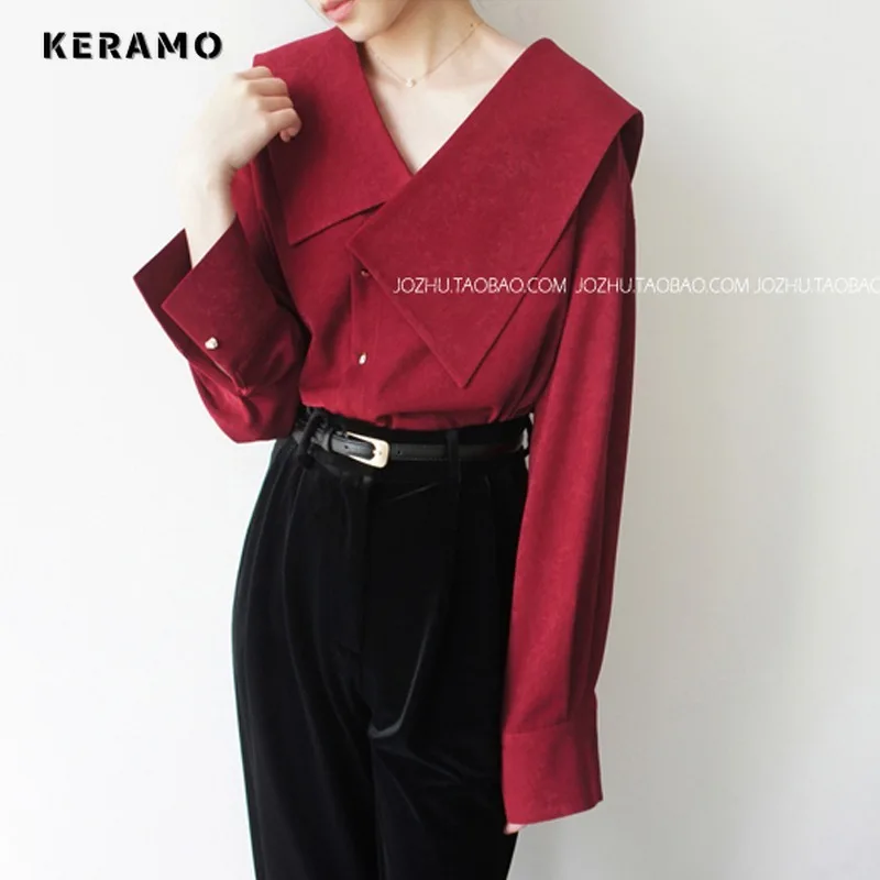 Korean Casual Style Peter Pan Collar Red Long Sleeve Solid Color Blouses 2024 Spring Women Single Breasted Luxury ELegant Shirts