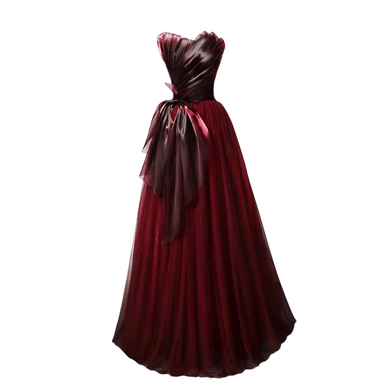 Burgundy Evening Dress Pleat Bow Ribbon Strapless Slim A-Line Tulle Tiered Formal Floor Length Wedding Party Prom Gowns