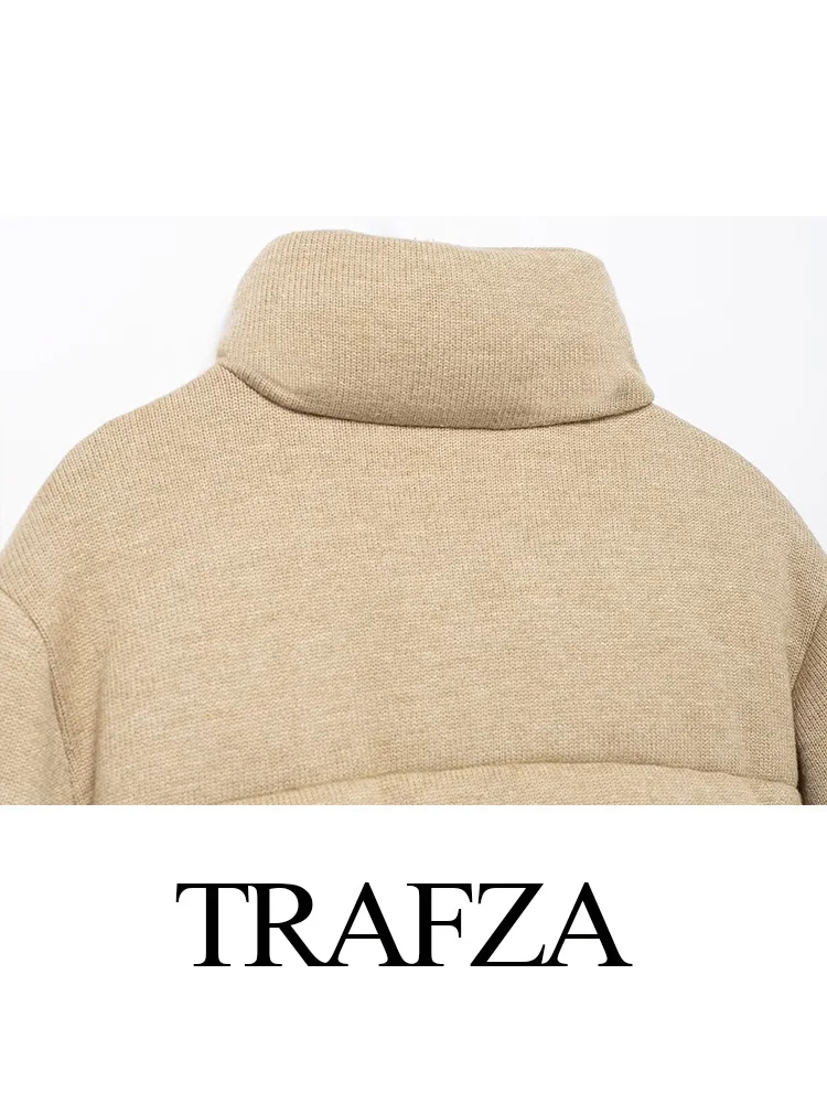 TRAFZA-Veste Courte en Coton pour Femme, Col Montant, Manches sulf, Chic, Fermeture Éclair, Poche Décorée, Haut de Rue, Hiver