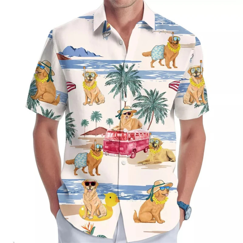 Hawaiian Sea Beach Shirt Men\'s Clothes 3d Printed Cute Corgi Pattern Shirts Animal Monkey Flower Casual Fashion Lapel Blouse