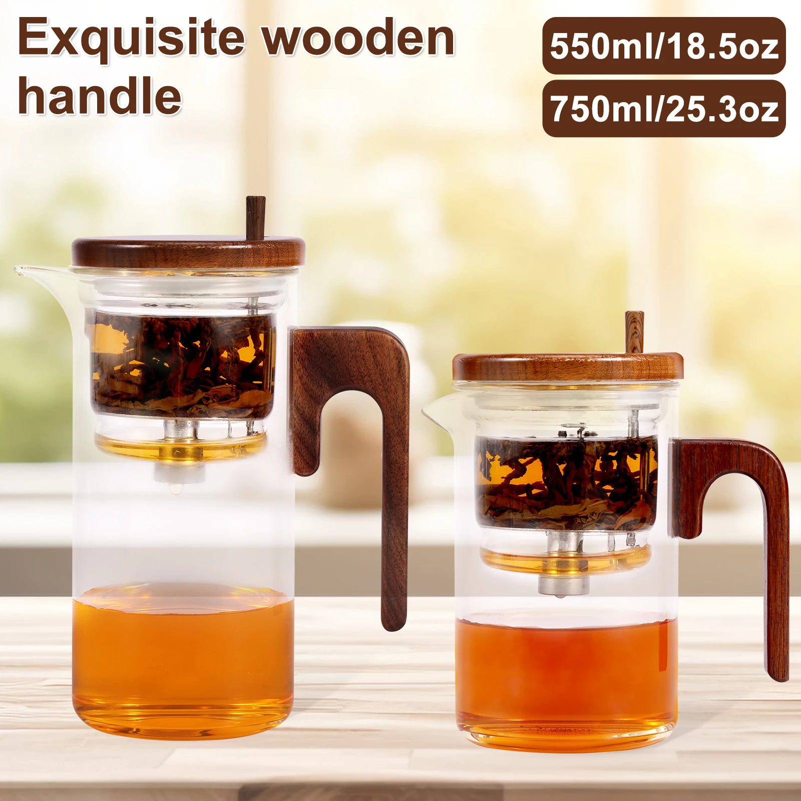 

Water Separation Inner Container Teapot One Click Press Switch Tea Separation Filtration Glass Tea Pot Wood Handle Tea Infuser