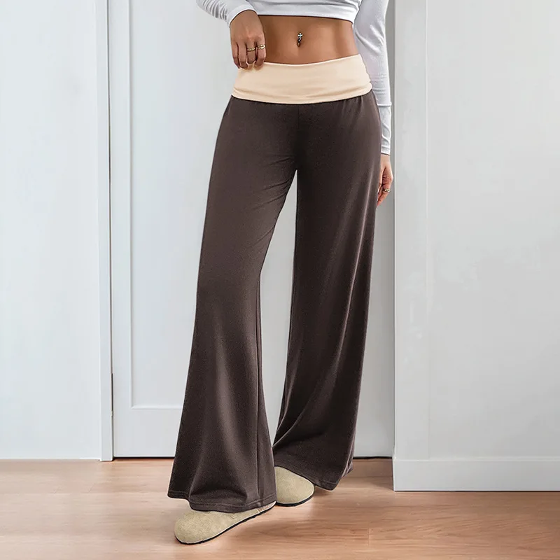 Patchwork Women Casual Wide Leg Pants Foldover Waist Flare Trousers Soft Knit Comfy Lounge Pants Streetwear Y2K Bottoms