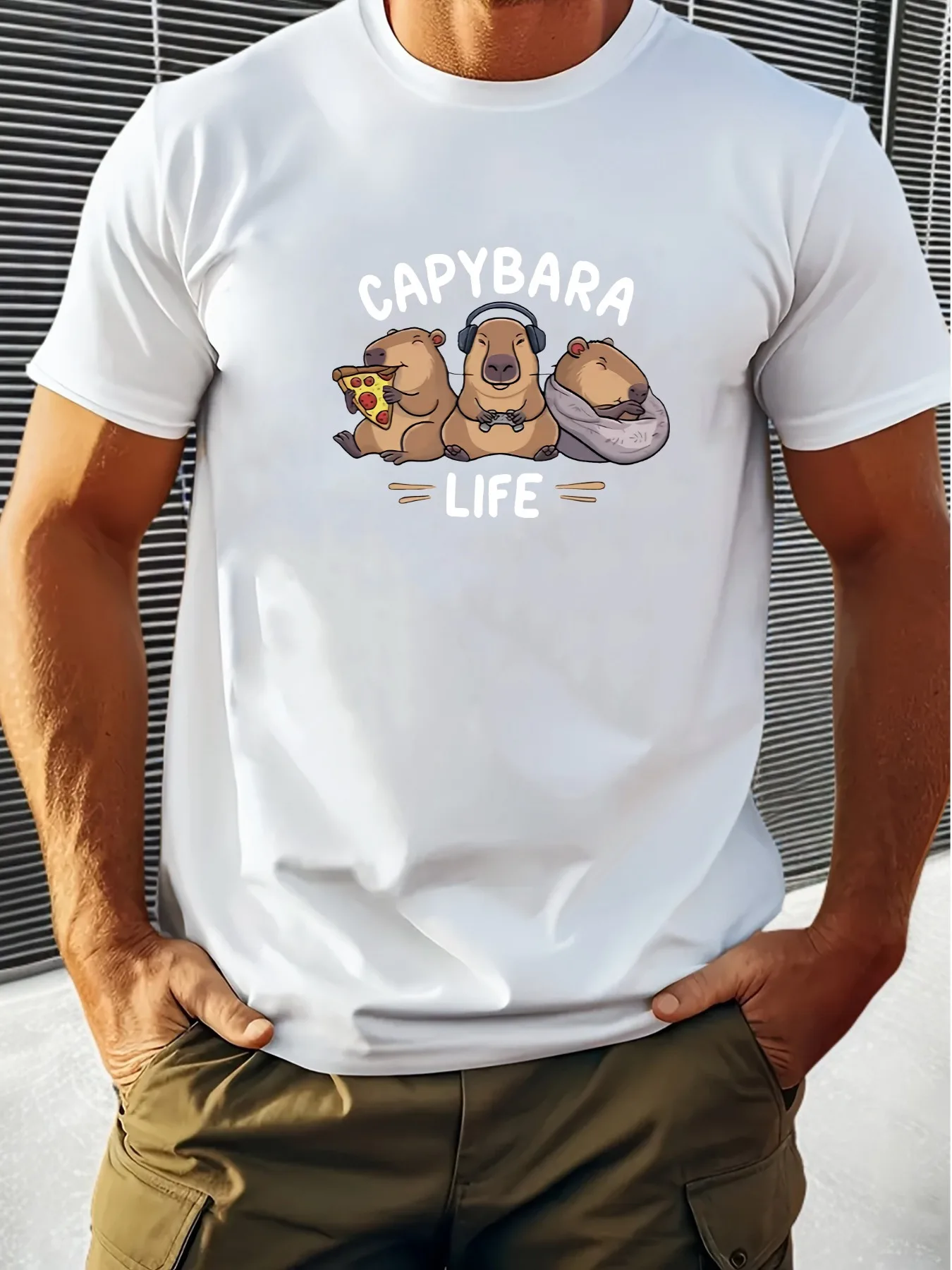 

Capybara Life Funny Animals Graphic Tee Men's Soft Breathable Cotton T-Shirt Casual Short Sleeve Top