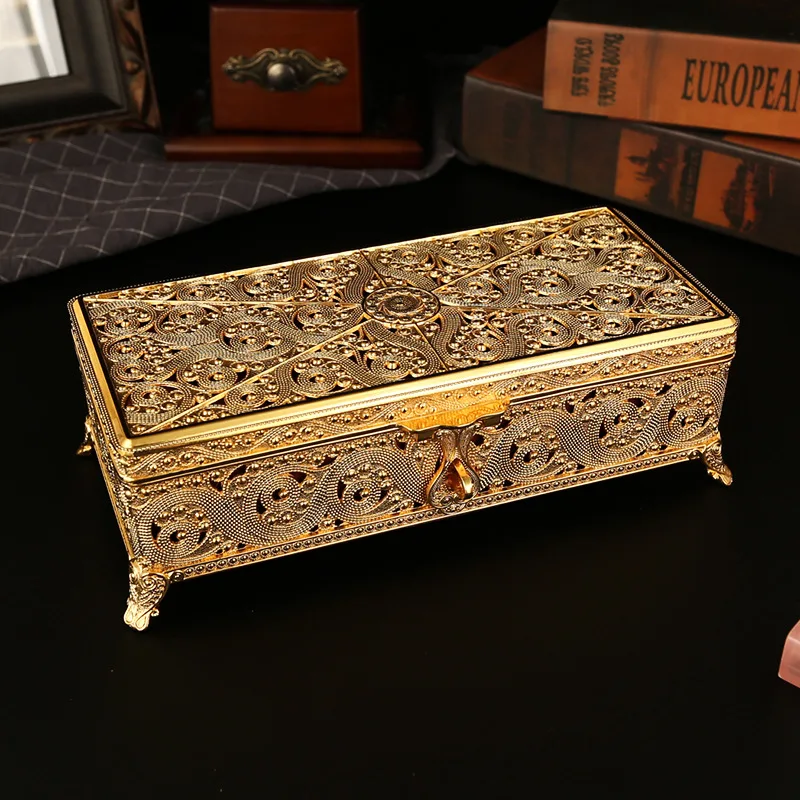 Creative European style metal rectangular household jewelry box, high-end birthday and wedding gift box, storage box, decoration