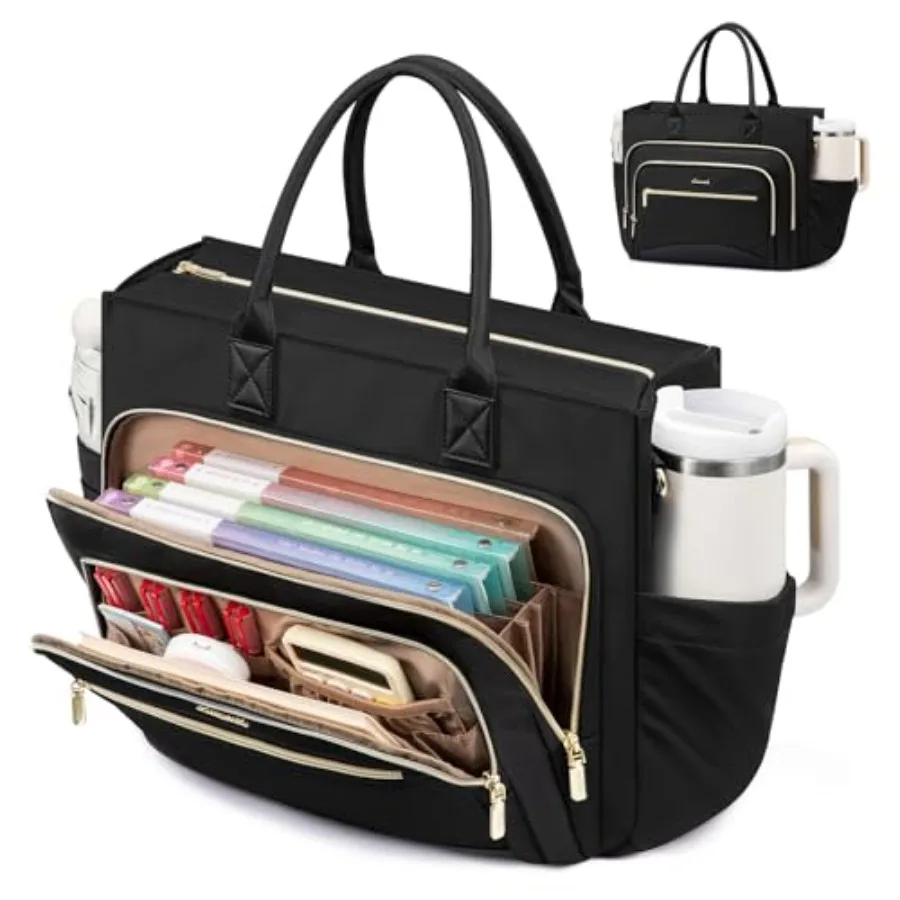 

Teacher Tote Bag for Women, Laptop bag with Large Cup Holder, Work bag with Accordion File Organizer Pocket, Multi-Pockets Prof