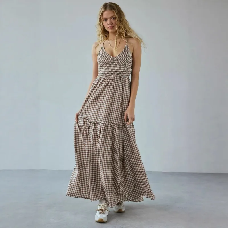 Summer New Plaid Spaghetti Strap Midi Dress Women Sweet Casual Beach Vacation EU US Style In Stock Gown