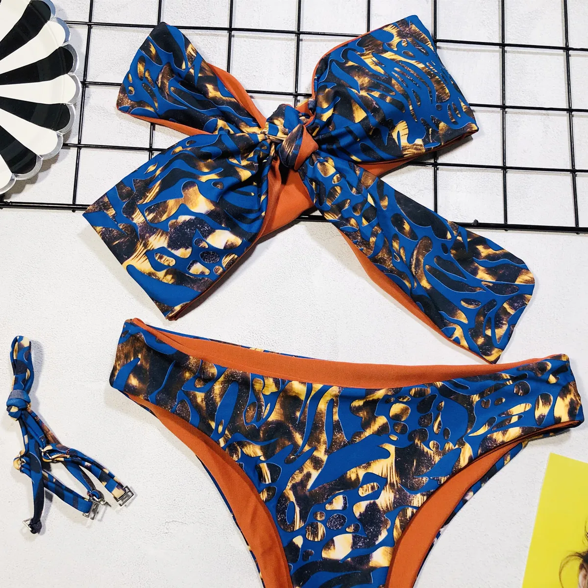 2024 Sexy Bikini Bandeau Women Blue Print Bowknot Swimwear Swimsuit Bikinis Set Bathing Suit Beach Bikini Female Removable Strap