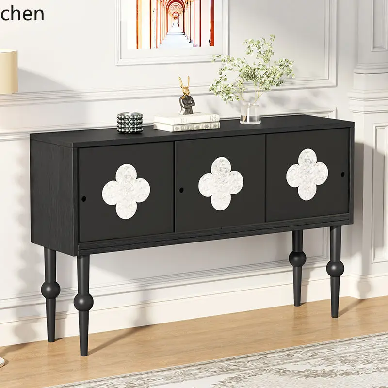 CZ Ultra-Narrow French Retro Black Hallway End Cabinet Aisle Vintage Style Four-Leaf Clover Decorative Cabinet Entryway Cabinet