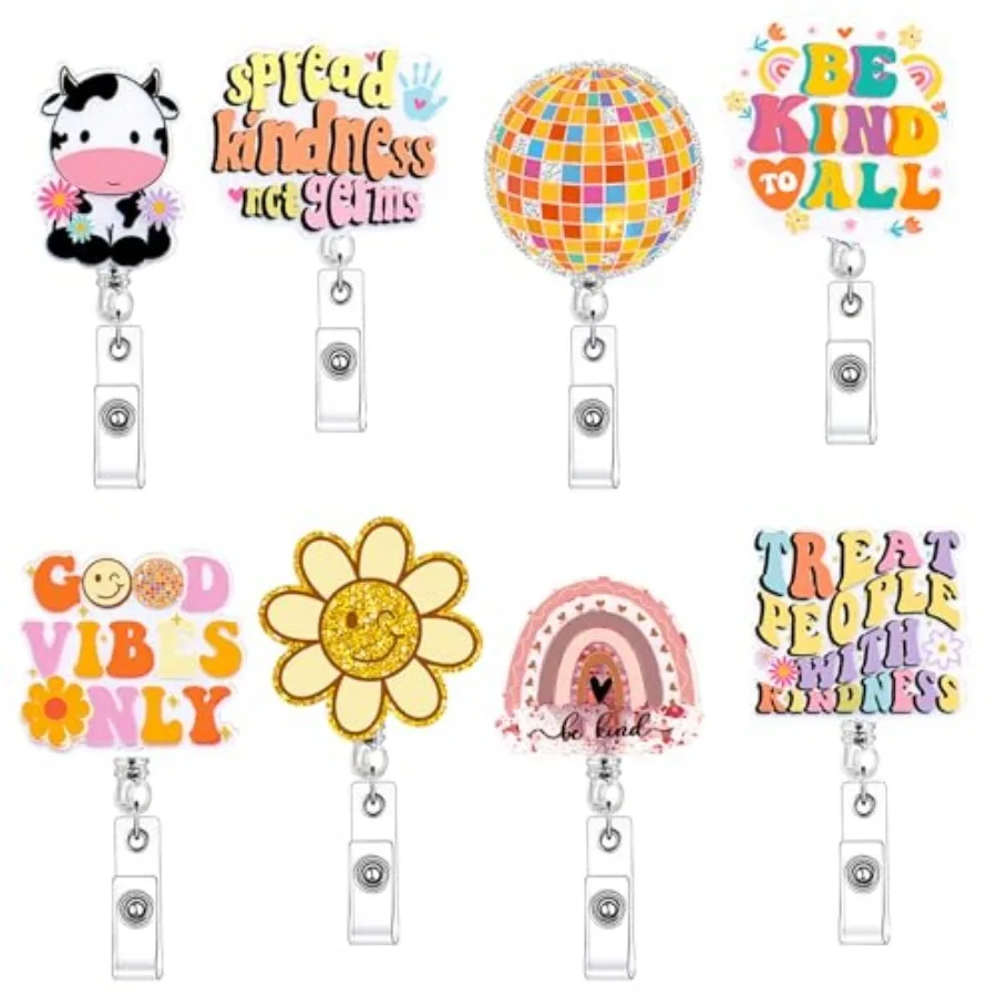 

8 Pcs Cute Nurse Badge Reel Nurse Week Gifts for Women Retractable Glitter Cow Daisy Face Pink Bow Girly Funny Appreciation Gif