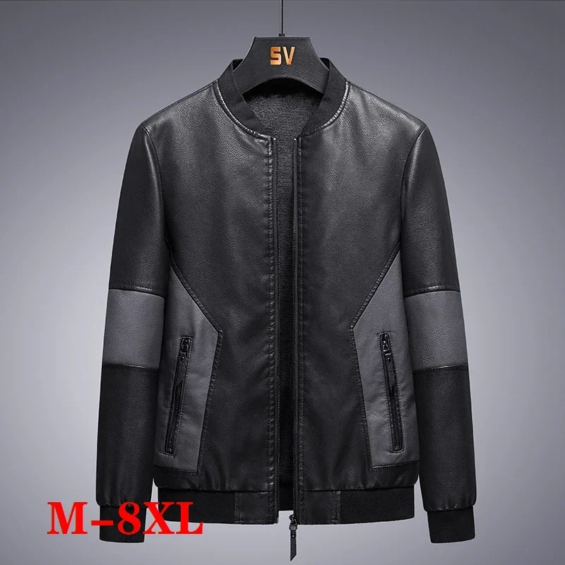 

New 8XL Mens Faux PU Leather Casual Jackets Plus Size Motorcycle PU Leather Windproof Patchwork Jackets Man Baseball Coats