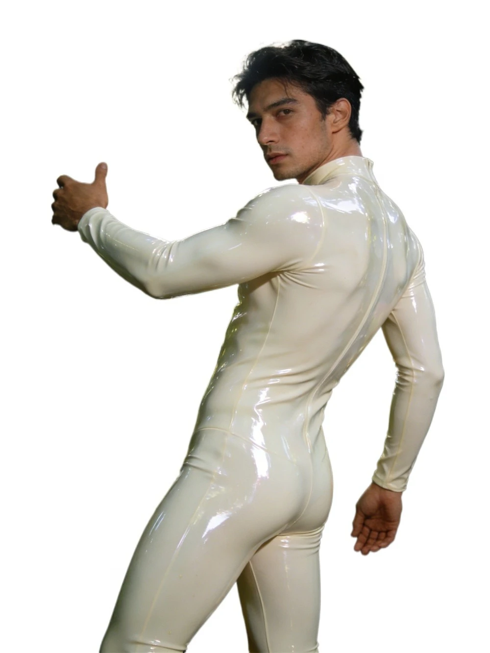 

Back Full Zip Men Latex Catsuit Long Sleeve High Neck Tight Full Body Rubber Bodysuit Club Party Cosplay