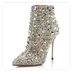 Bling Rhinestone Pointed Toe Ankle Women Boots With Rivet Metal Stiletto High Heels Side Zipper Design Large Size Shoes