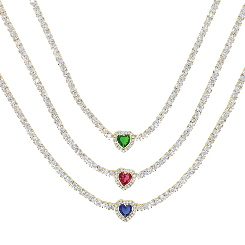 

Gold Plated 3MM 5A CZ Tennis Chain Red Blue Green Heart Charm Luxury Fashion Women Summer Colorful Choker Necklace