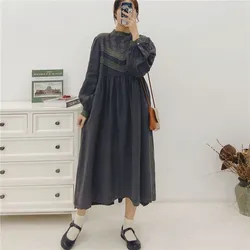 Johnature New Women Emboridery Floral Vintage Linen Loose Dress 2024 Autumn Solid Color Ruffles Full Sleeve Female Dresses