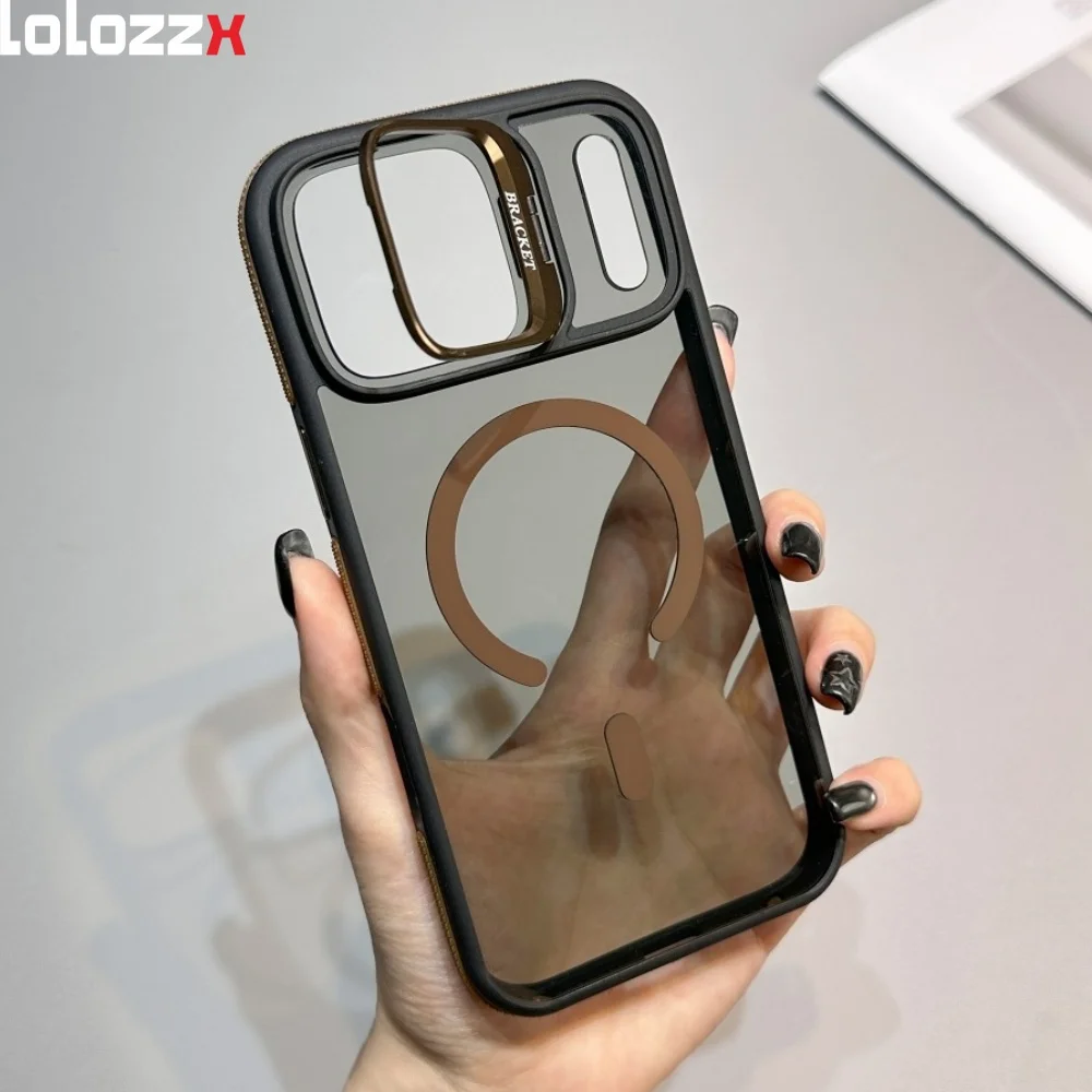 Étui de téléphone magnétique avec support pliable et objectif Magsafe transparent, pour iPhone 17 16 15 14 13 12 11 Pro Max 17Air, cadre antidérapant, capuchon en acrylique