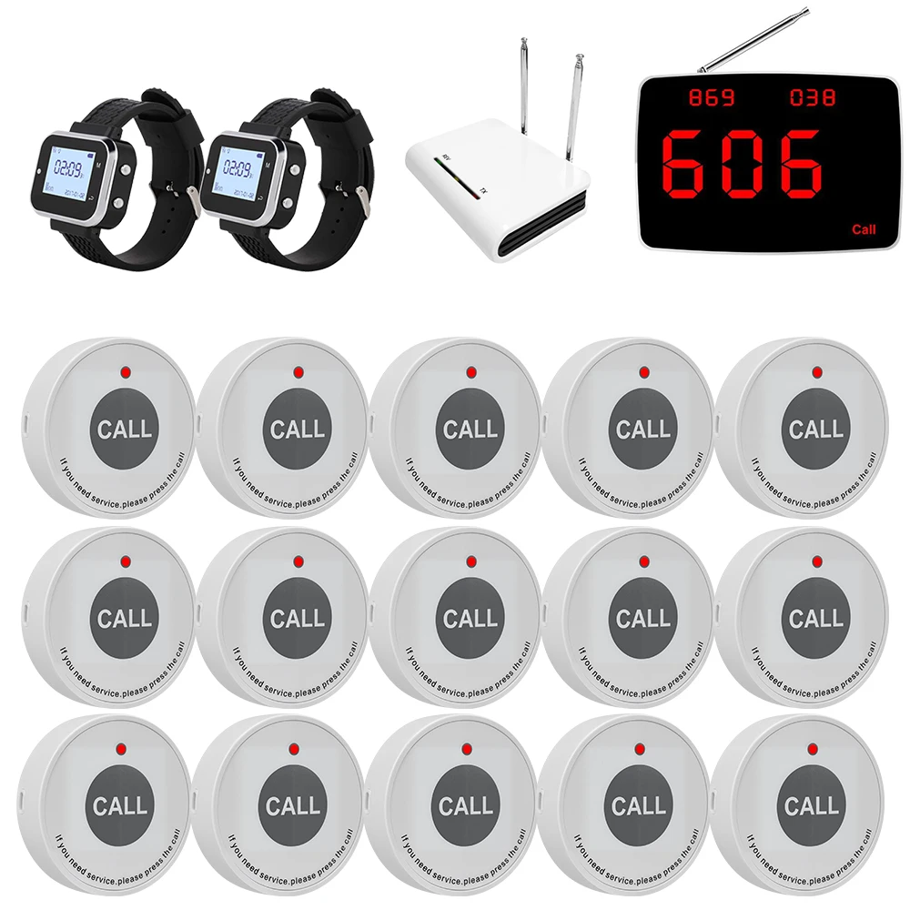 2 Watch Pagers 15 Customer Table Call Buttons 1 Display Receiver 1 Repeater Wireless Calling System for Restaurant Hotel Pager