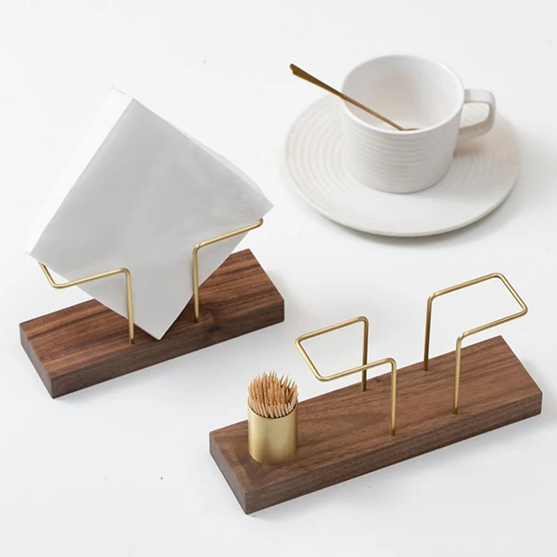 Desktop Organizer Tableware Supplies Wood Tissue Paper Holder Napkin Brass Box Storage Toothpick